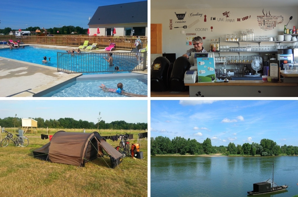 fotocollage van Camping Loire et Châteaux met een foto van mensen en kinderen in het zwembad, een foto van een man achter de bar, een foto van een tentje met daarachter een waslijn en twee fietsen, en een foto van de rivier