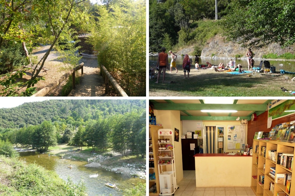 fotocollage van Camping Relais des Brison met een foto van een houten trap op het terrein, een foto van mensen die liggen te zonnen aan de rivier, een luchtfoto van de rivier waarin mensen zwemmen, en een foto van de receptie