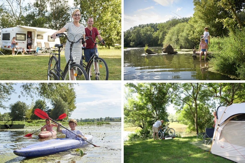 fotocollage van Camping Aux Rives du Soleil met een foto van een koppel met een fiets in hun handen, een foto van kinderen die vanaf een steiger aan het vissen zijn, een foto van een jongetje en een meisje beide in een eigen kano, en een foto van een vrouw die uit de tent komt en een man die aan zijn fiets staat te sleutelen