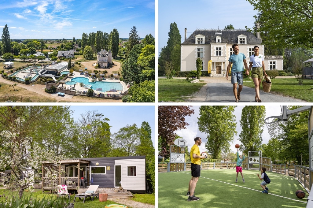 fotocollage van Camping Sandaya Le Château des Marais met een lucht foto van de camping met het zwemparadijs, een foto van een man en vrouw die hand en hand voor het kasteel lopen, een foto van een stacaravan met daarvoor strandbedjes, en een foto van een vader met twee kinderen op het basketbalveld