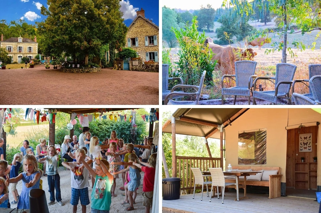 fotocollage van Camping Vallée de Lignac met een foto van gîtes aan een plein met een grote boom, een foto van rieten stoelen en daarachter en wei, een foto van kinderen bij de minidisco, en een foto van het terras voor een dichte safaritent