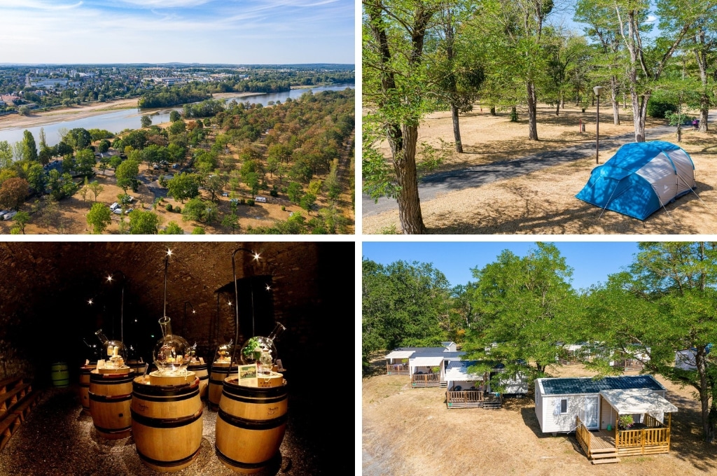fotocollage van Camping de l'île met een luchtfoto van het kampeerterrein naast de Loire rivier, een foto van een tent op een dor veld met bomen, een foto van een donkere wijnkelder, en een foto van vier stacaravans schuin achter elkaar op een rij