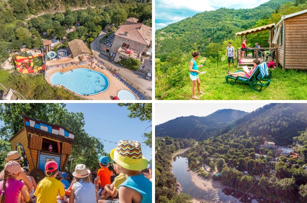 fotocollage van Domaine des Plantas met een luchtfoto van het zwembadcomplex, een foto van een gezin dat recreëert voor hun stacaravan,  een fot ovan kinderen met gekleurde petjes en hoedjes die naar een poppenkast kijken, en een luchtfoto van de rivier met daaraan het kampeerterrein