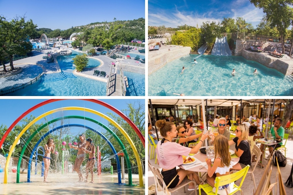 fotocollage van Camping Le Ranc Davaine met twee foto's van het zwembad, een foto van kinderen in de waterspeeltuin, en een foto van een gezin op het terras van het restaurant