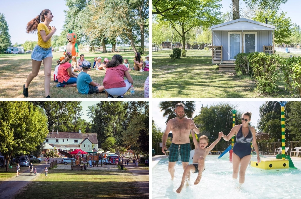 fotocollage van Domaine de la Brèche met een foto van kinderen die op de grond in een kring zitten en een spel spelen met de animatie, een foto van een dichte stacaravan, een foto van de speeltuin, het restaurant en mensen en kinderen die op het terrein lopen, en een foto van een vader en een moeder met een jongetje in het peuterbad dat tussen hen in slingert