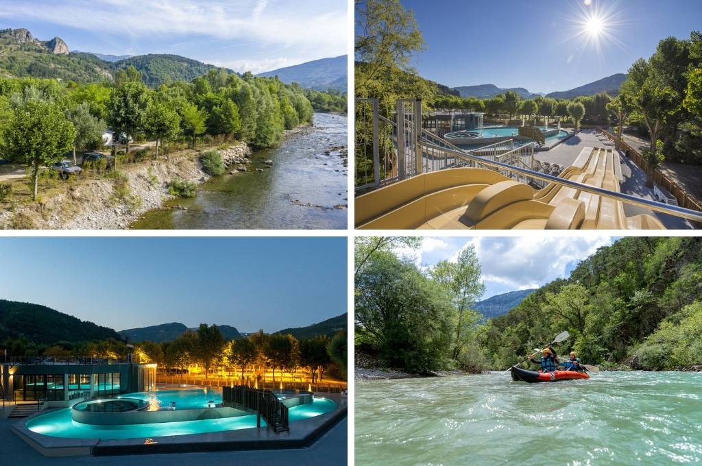 fotocollage van Camping Domaine du Verdon met een foto van kampeerplaatsen langs de rivier, een foto van de driedubbele waterglijbaan, een foto van het zwembad bij avond, en een foto van twee mensen met blauwe zwemvesten in een rode kano