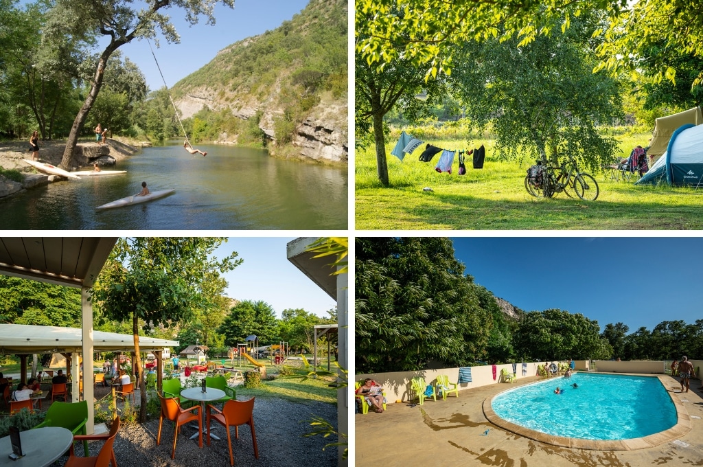 fotocollage van Camping La Turelure met een foto van een kind die aan een touw boven de rivier slingert, een foto van een kampeerplaats met waslijn en twee fietsen, een foto van het terras naast de speeltuin, en een foto van het zwembad waar een paar mensen en kinderen zijn