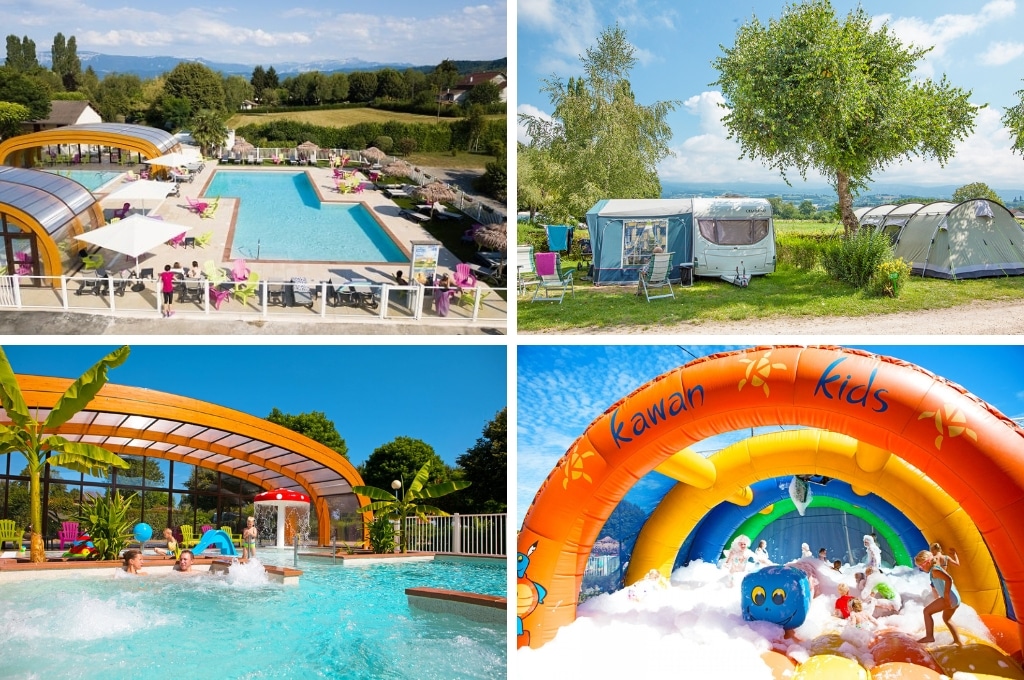 fotocollage van Camping Le Coin Tranquille met een foto van de zwembaden, een foto van twee kampeerplaatsen emt een tent en caravan, een foto van een gezin in het zwembad, en een foto van een schuimparty op een springkussen