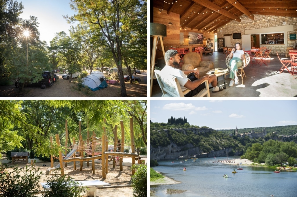 fotocollage van Huttopia Le Moulin met een foto van bezette kampeerplaatsen, een foto van een stel in een loungeruimte, een foto van de lege houten speeltuin, en een foto van de rivier waarin mensen zwemmen en kanoën