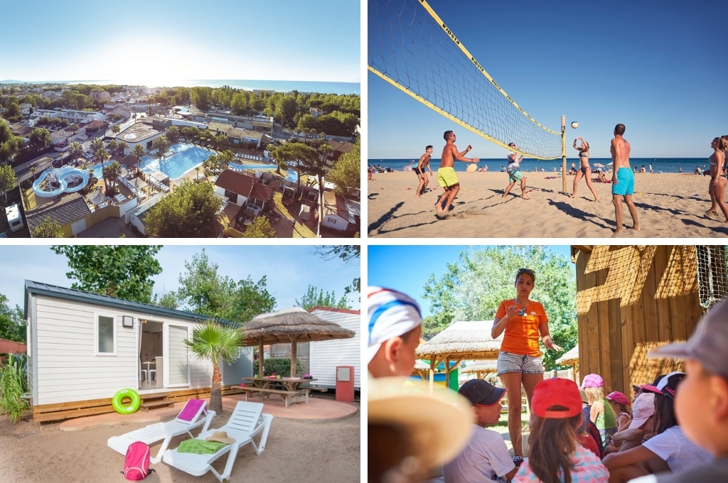 fotocollage van Camping Les Méditerranées Charlemagne met een luchtfoto van de camping, een foto van mensen die aan het beachvolleyballen zijn, een foto van ligbedjes bij een stacaravan en een foto van kinderen die luisteren naar een animatielid