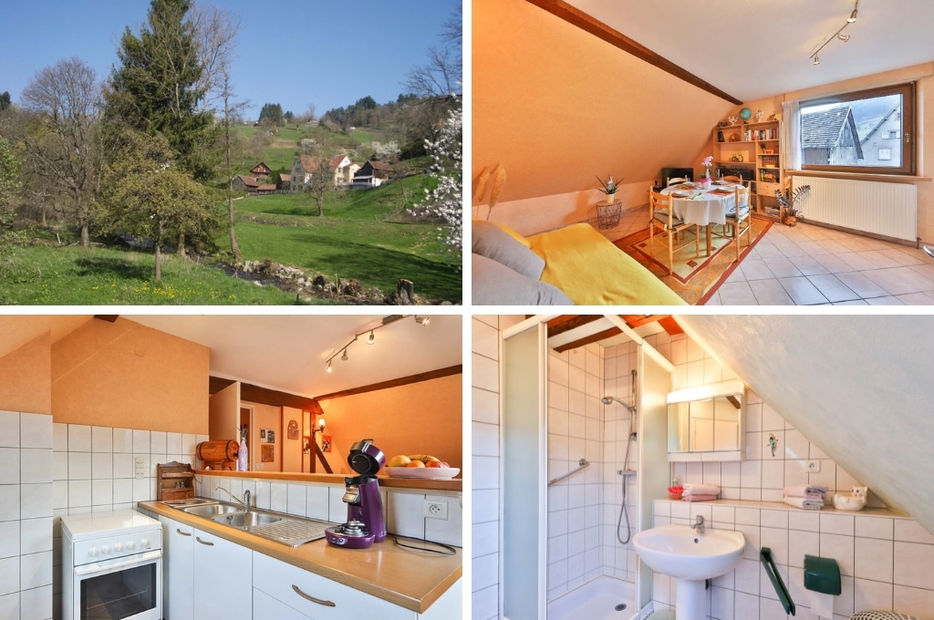 fotocollage van een vakantiehuis in Stosswihr (Elzas) met een foto van een beekje en huizen in de verte, een foto van de eetkamer met ovale, gedekte tafel, een foto van de keuken met koffiezetapparaat, en een foto van de badkamer met douche, wasbak, spiegeltje en enkele handdoeken