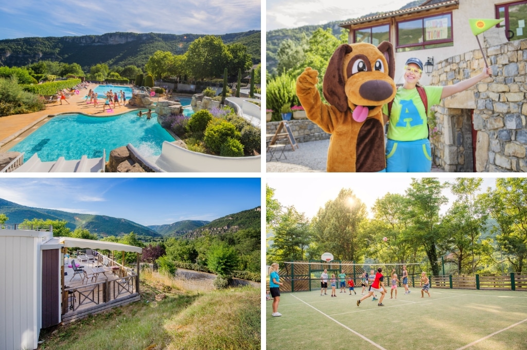 fotocollage van RCN Val de Cantobre met een foto van het zwembad, een foto van de mascotte met een animatielid, een foto van een stacaravan met uitzicht op de vallei, en een foto van kinderen die volleyballen op het multisportveld