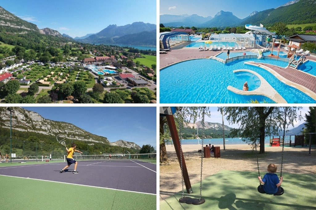 fotocollage van Camping L'Ideal met een luchtfoto van de camping, een foto van de zwembaden, een foto van de tennisbanen en een foto van een kindje op een schommel op het strand