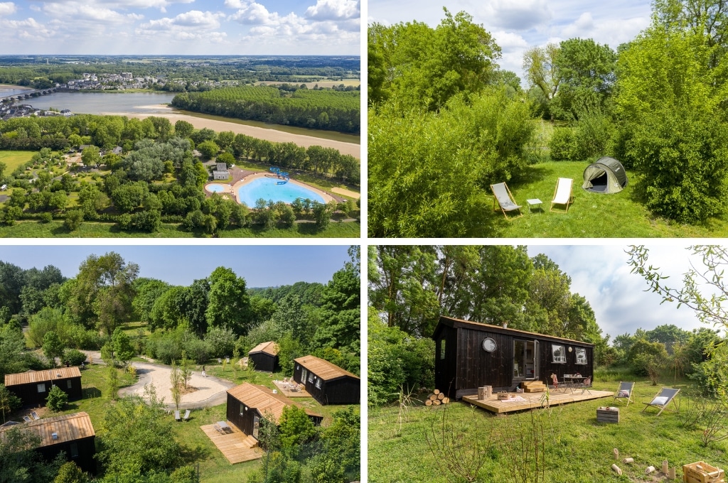 fotocollage van Slow Village Loire Vallée met een luchtfoto van de camping aan de rivier, een foto van een bivaktent met twee witte strandstoelen en een tafeltje, een luchtfoto van vijf houten chalets op het terrein, en een foto van een houten chalet met daarvoor een opgemaakt terras