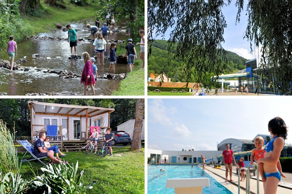 fotocollage van Camping Campéole Le Giessen met een foto van kinderen die in de rivier lopen, een foto van de buitenkant van het binnenzwembad genomen van onder een boom, een foto van een gezin dat voor de stacaravan zit, en een foto van een moeder met een baby bij het buitenzwembad