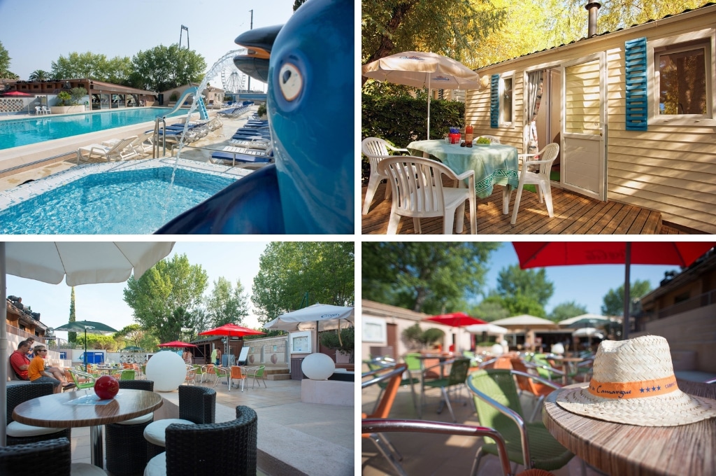 fotocollage van camping Abri de Camargue met een foto van het lege zwembadcomplex, een foto van een terras met tafel, parasol en vier stoelen bij een stacaravan, een foto van het terras waar één gezin zit, en een foto van een hoedje met een oranje band met de tekst 'Camarque' op een tafel