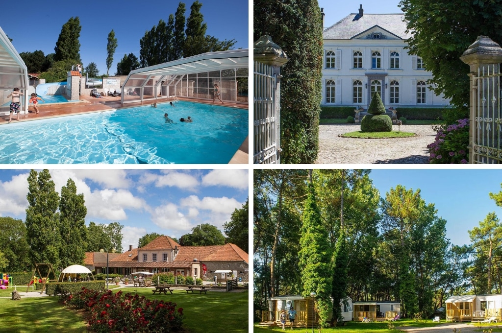 fotocollage van Camping Castel La Bien Assise met een foto van het zwembad waarin enkele kinderen zwemmen, een foto van het witte landhuis, een foto van het terrein met restaurant en speeltuin, en een foto van een aantal stacaravans tussen de bomen