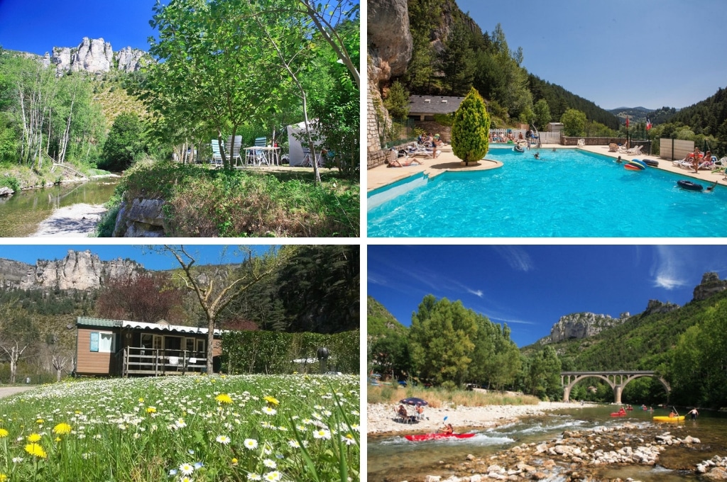 fotocollage van Camping Le Capelan met een foto van een campingtafel en -stoelen aan de rivier, een foto van het zwembad met daarin een paar zwembanden en mensen, een foto van een stacaravan genomen vanuit het gras, en een foto van de rivier waarin mensen kanoën