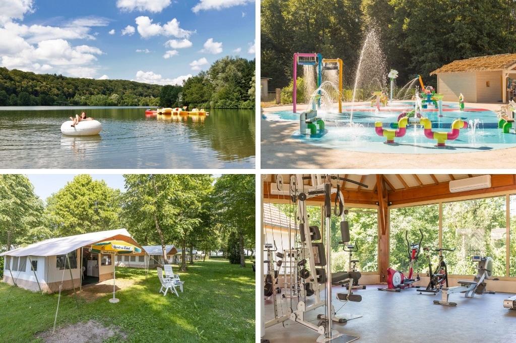 fotocollage van Camping Le Val de Bonnal met een foto van een vrouw op een witte zwembad op het meer, een foto van de waterspeeltuin met watersproeiers die aanstaan, een foto van een rent-a-tent, en een foto van de fitnessruimte met grote ramen en uitzicht op de bomen