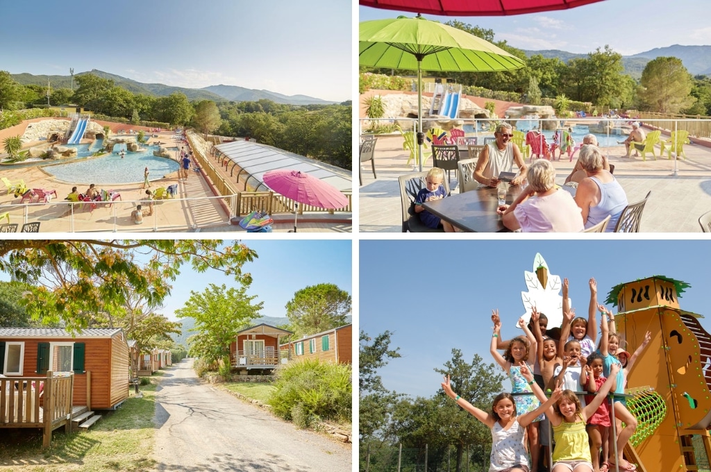 fotocollage van Camping Les Albères met een foto van het zwemparadijs, een foto van 4 senioren en een jongetje aan een tafel op het terras naast het zwembad, een foto van een pad met houten stacaravans, en een foto van een groep meisjes die samen in de speeltuin poseren