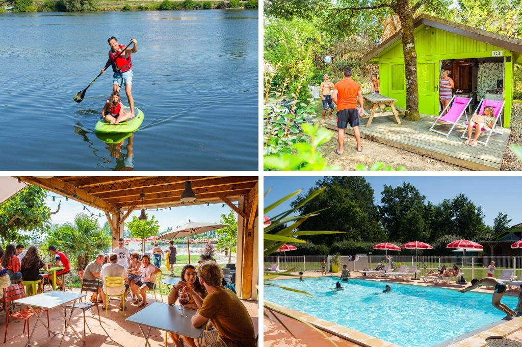 fotocollage van Camping Les Pommiers Aigueleze  met een foto van een vader en een meisje op een SUP-plank, een foto van een familie bij het terras van een groen houten huisje, een foto van het overdekte terras met mensen die daar wat aan het drinken zijn en een foto van het zwembad waarin mensen zwemmen en rondom mensen op zonnestoelen liggen