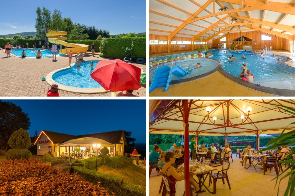 fotocollage van Camping Sites et Paysages Beauregard met een foto van het buitenzwembad met gele glijbaan, een foto van het binnenzwembad met peuterbad met blauw glijbaan, een foto van het restaurant met overdekte terras in de avond, en een foto van mensen op het overdekte terras bij schemering