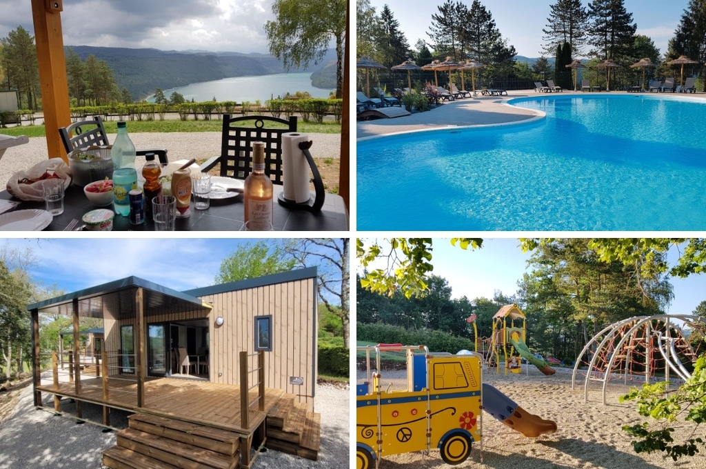 fotocollage van Camping Trélachaume met een foto van een terras bij een accommodatie dat uitzicht biedt op het meer, een foto van het zwembad met daaromheen ligstoelen en rieten parasols, een foto van een houten bungalow en een foto van de speeltuin