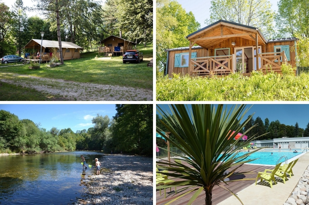 fotocollage van Camping de Boÿse met een foto van twee safaritenten op het gras, een foto van een houten chalet, een foto van twee kinderen met groene visnetjes in de rivier, en een foto van het buitenzwembad genomen van achter een kleine palmboom