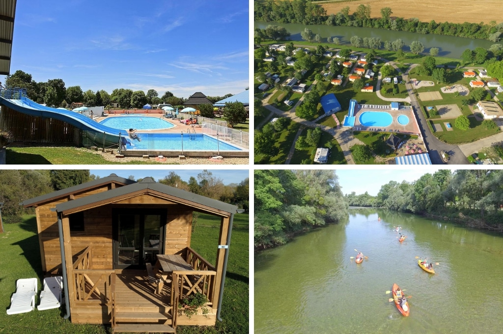 fotocollage van Camping les Bords met een foto van de buitenzwembaden met waterglijbaan, een luchtfoto van het campingterrein aan de rivier, een foto van een verlaten houten chalet, en een foto van zes kano's op de rivier