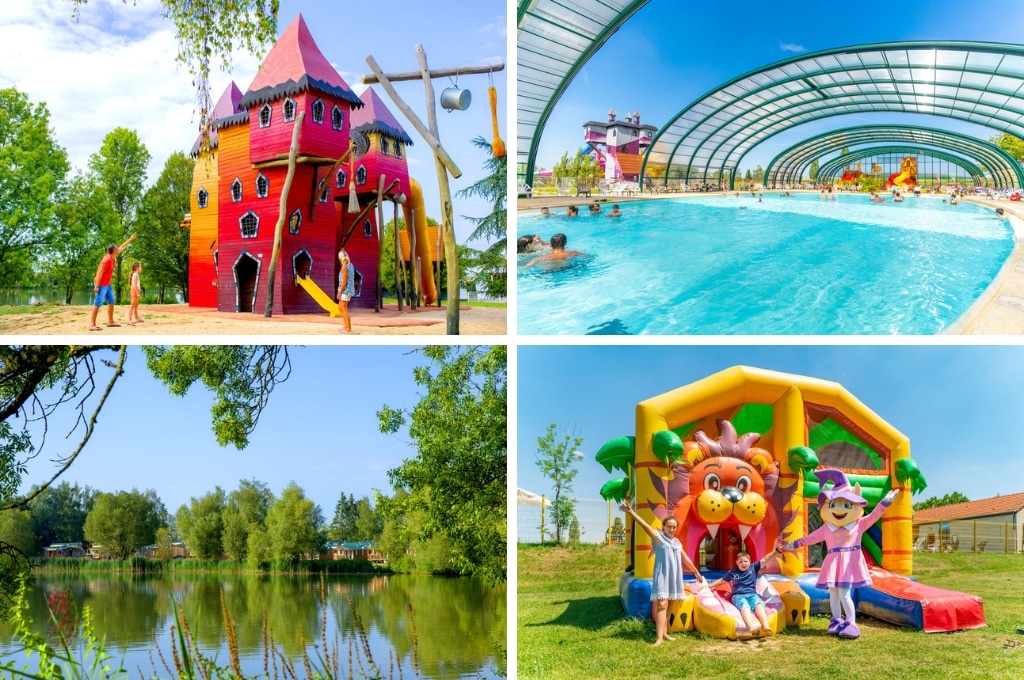 fotocollage van Capfun Camping Mirabelle met een foto van het kleurrijke speelkasteel, een foto van het deels overdekte zwembad, een foto van de visvijver en een foto van een springkussen met daarvoor de mascotte van de camping en twee kinderen