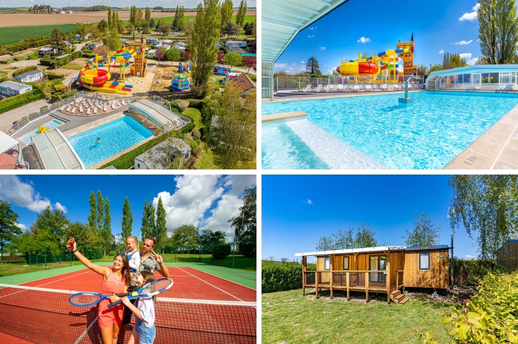 fotocollage van Capfun Camping Val d'Authie met een luchtfoto van het zwembadcomplex met waterglijbanen, een foto van het zwembad met de glijbanen daarachter, een foto van een gezin dat een selfie maakt op de tennisbaan, en een foto van een houten stacaravan