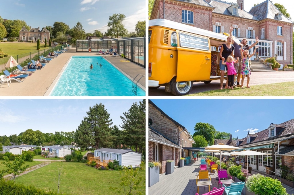 fotocollage van Yelloh! Village Domaine de Drancourt met een foto van het zwembad met zonnebedjes, een foto van een gezin voor een gele van, een foto van stacaravans op het terrein, en een foto van het houten terras met roze, oranje en blauwe stoelen