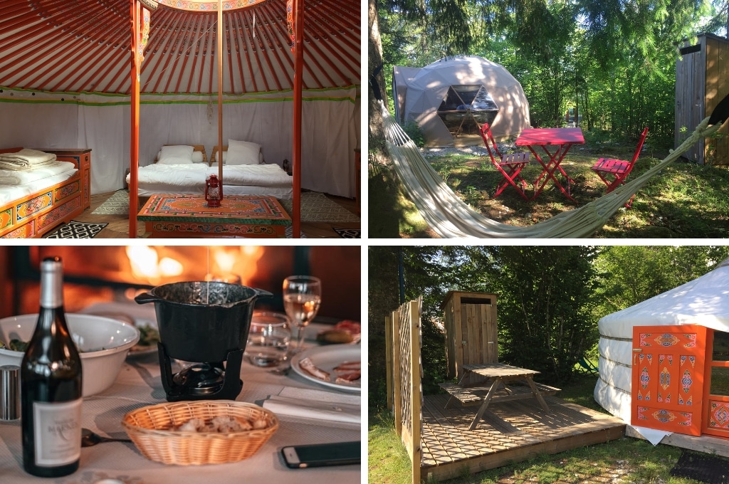 fotocollage van Domaine Du Bugnon met een foto van twee bedden in een yurt, een foto van een rode tuinset en een hangmat voor een dome tent, een foto van een tafel met kaasfondue bij een openhaard, en een foto van het houten terras met picknicktafel bij een yurt