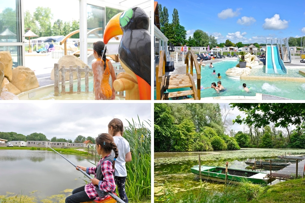 fotocollage van Domaine de la Roselière met een foto van een kindje bij een levensgrote pappagaai in het kinderbad, een foto van het buitenzwembad waarin mensen zwemmen, een foto van twee meisjes die aan het vissen zijn, en een foto van een bootje bij een steiger