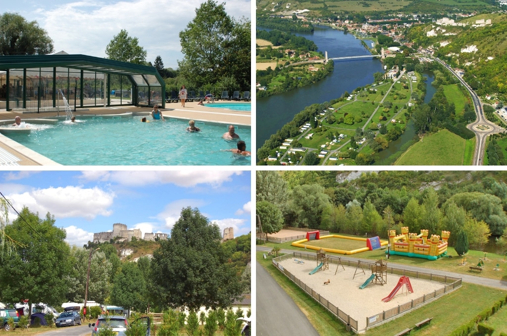 fotocollage van Camping L'Île des Trois Rois met een foto van het zwembad waarin mensen zwemmen, een luchtfoto van het kampeerterrein aan de Seine, een foto van het kampeerterrein waarboven het Kasteel Gaillard uittorent, en een foto van de speeltuin, sportvelden en opblaasbaar springkasteel