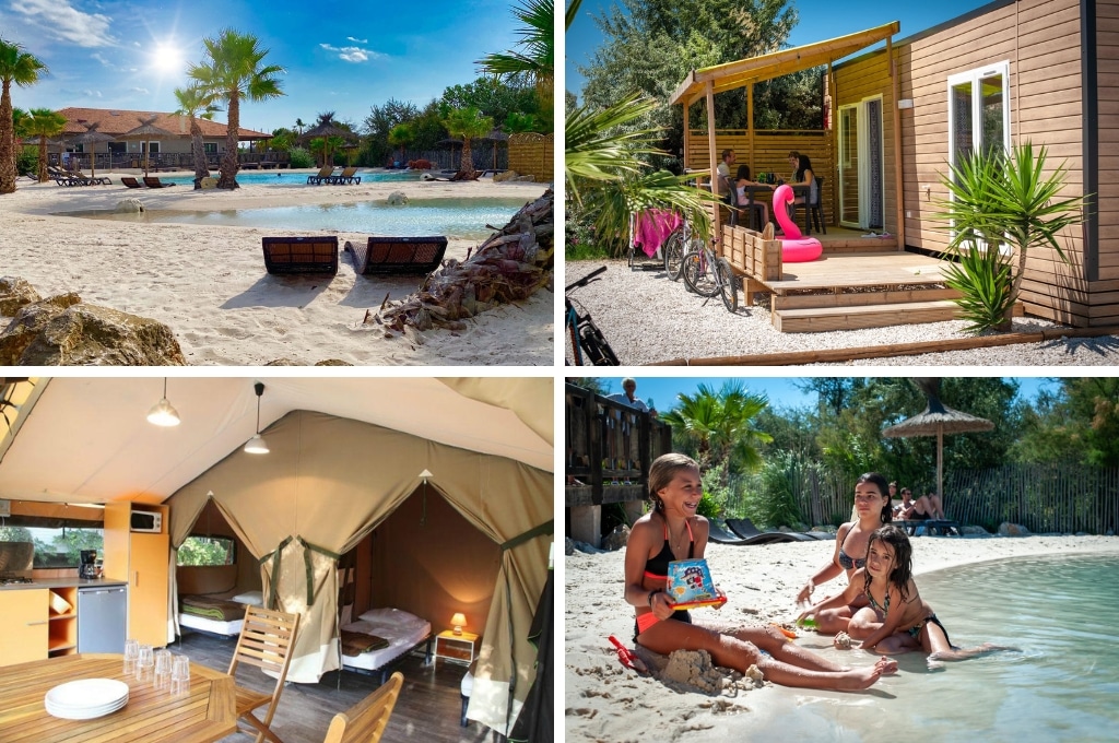 fotocollage van Flower Camping Soleil d’Oc met een foto van het kunstmatige strand en lagunebad, een foto van een gezin dat aan tafel zit op het terras van hun houten stacaravan, een foto van het interieur van een luxe safaritent, en een foto van drie meisjes die in het zand spelen met hun voeten in het water