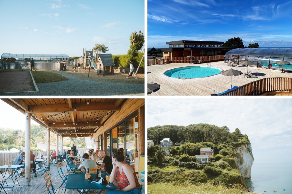 fotocollage van Huttopia Les Falaises met een foto van het overdekte zwembad en de speeltuin, een foto van het openluchtzwembad en buitenzwembad, een foto van het overdekte terras dat redelijk vol zit, en een foto van een met groen begroeide witte krijtrots aan zee en enkele huizen daarop