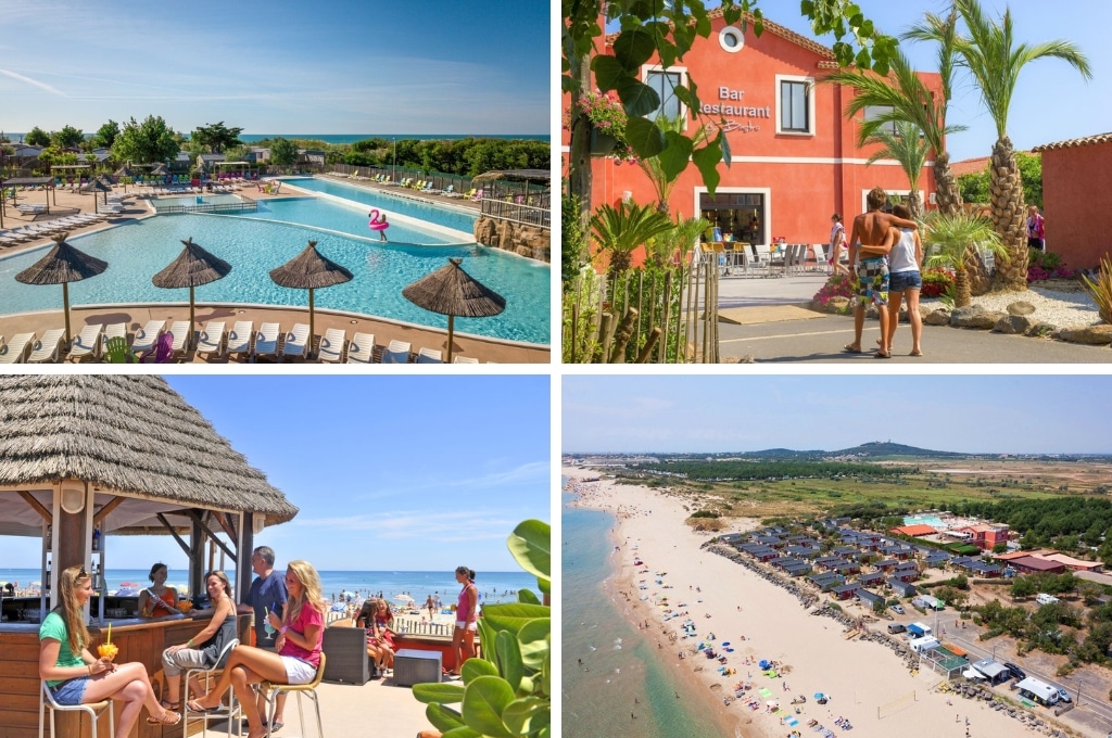 fotocollage van Camping Les Méditerranées Beach Garden met een foto van het zwembad en iemand die op de rand staat met een opblaas flamingo, een foto van een stel dat arm in arm naar het restaurant loopt, een foto van een gezin bij een kiosk bij het strand, en een luchtfoto van de camping en het strand