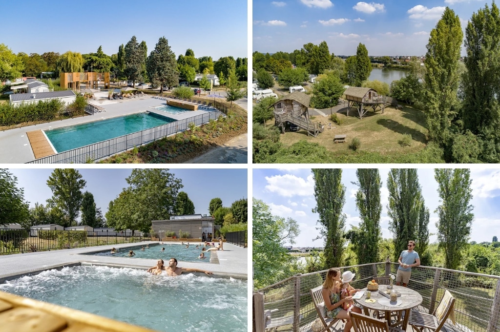 fotocollage van Camping Paris Maisons-Laffitte met een foto van het lege zwembad, een foto van twee houten hutten op palen aan de rivier, een foto van een stel in het bubbelbad naast het zwembad, en een foto van een gezinnetje op het terras van een boomhut