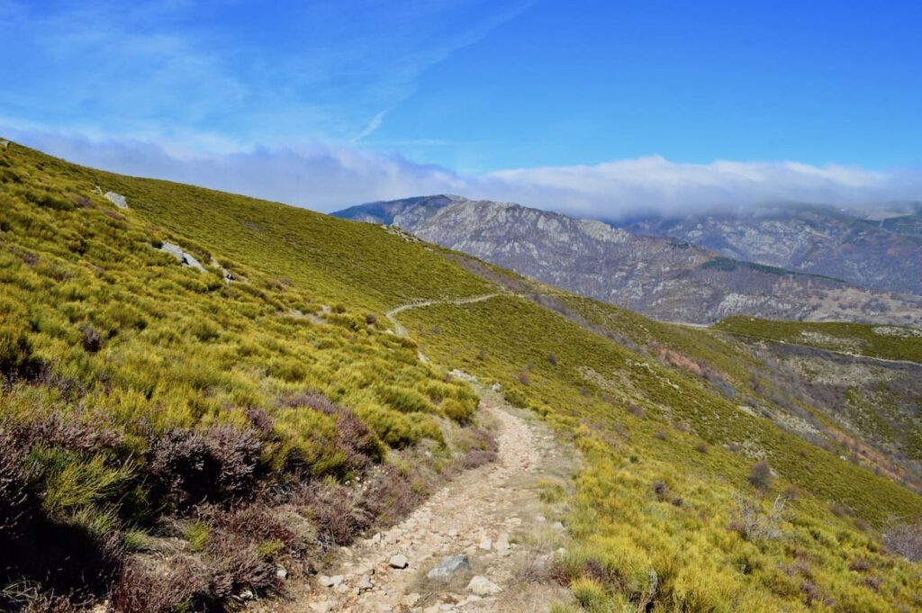 smal wandelpad op een groene berg bij Thueyts in de Ardèche