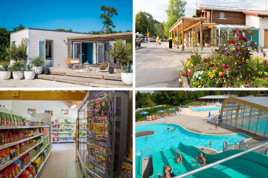 fotocollage van Yelloh! Village Le Fayolan met een foto van een openstaande moderne stacaravan met houten terras, een foto van de entree van de camping voor de slagboom, een foto van gevulde rekken in de kampwinkel, en een foto van meisjes die de driedubbele glijbaan afglijden in het buitenzwembad