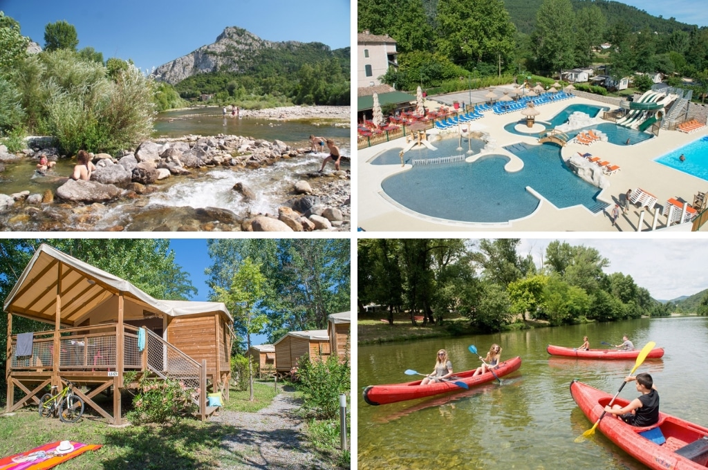 fotocollage van Camping Le Castel Rose met een foto van kinderen die in de rivier spelen, een luchtfoto van het zwemparadijs, een foto van houten en canvas lodges,  en een foto van een gezin in drie rode kano's op de rivier