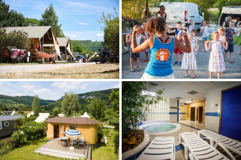 fotocollage van Camping La Roche d'Ully met een vanaf de grond genomen foto van een pad met safaritenten, een foto van de rug van een animatiemedewerker die danst met de kinderen, een foto van eeen houten chalet met houten terras, en een foto van de lege spa met ligstoelen, sauna en bubbelbad