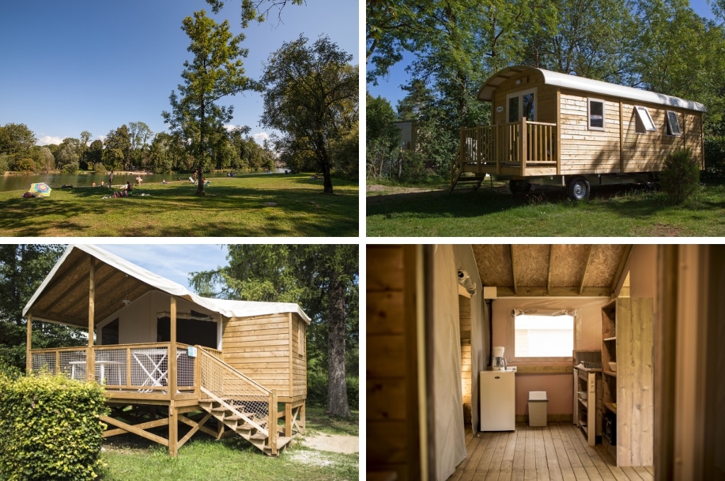 fotocollage van Camping Les Pêcheurs met een foto van de ligweide aan de rivier, een foto van een houten pipowagen, een foto van een houten lodge, en een foto van het keukentje in de houten lodge