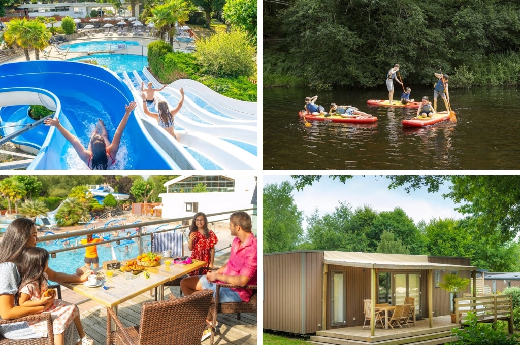 fotocollage van Camping Ty Nadan met een foto van drie kinderen die verschillende glijbanen afglijden, een foto van zes kinderen op  drie SUP-planken, een foto van een gezin op het terras naast het zwembad, en een foto van een dicht, houten chalet met terras met houten tuinset