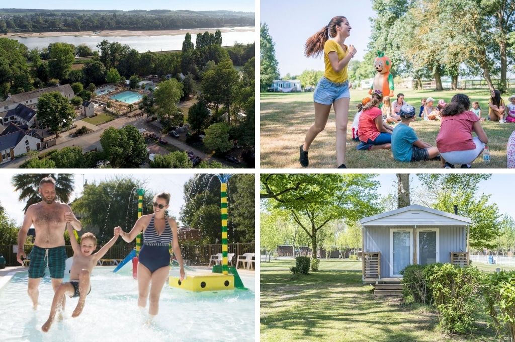 fotocollage van Domaine de la Brèche met een luchtfoto van de camping aan de Loire, een foto van kinderen die op de grond in een kring zitten en een spel spelen met de animatie, een foto van een dichte stacaravan, en een foto van een vader en een moeder met een jongetje in het peuterbad dat tussen hen in slingert