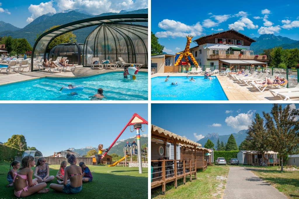 fotocollage van Camping La Ferme met twee foto's van het zwembad, een foto van kinderen die in het grasveld bij de speeltuin zitten, en een foto van en pad met stacaravans en aan het eind twee auto's