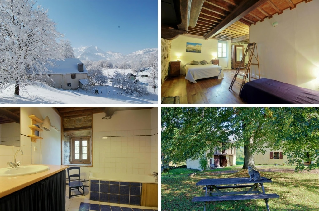 fotocollage van een natuuurhuisje in Aucun met een foto van het huisje onder een pak sneeuw, een foto van een slaapkamer, een foto van een badkamer, en een foto van een picknicktafel waarop een kat zit in de tuin