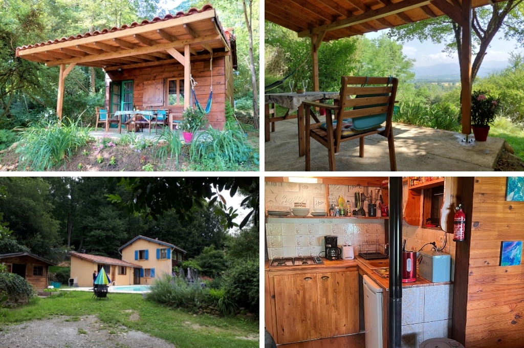 fotocollage van een natuurhuisje in Saint-Laurent-de-Neste met een foto van de buitenkant van het houten chalet, een foto van een stoel en tafel op het terras met uitzicht op het dal, een foto van het zwembad bij het huis, en een foto van de keuken