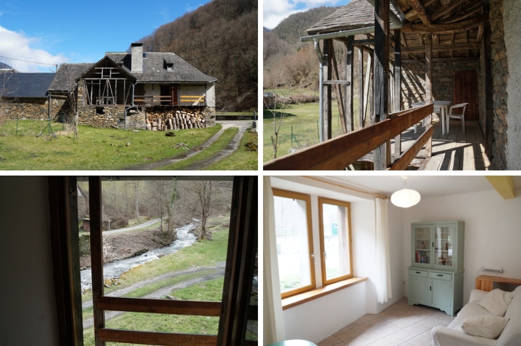 fotocollage van een natuurhuisje in Sentein met een foto van de voorkant van het huis, een foto van de houten veranda met witte plastic tafel en stoel, een foto van het stromende beekje genomen door een raam vanuit het huis, en een foto van de lichte woonkamer met witte bank en lichtblauwe kast